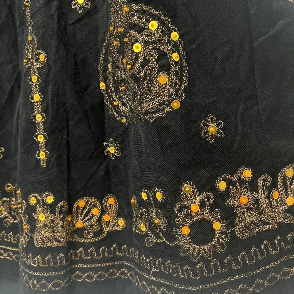 Lucy Collection Black Corduroy Embroidered Sequin A-Line Midi Skirt Womens L NWT